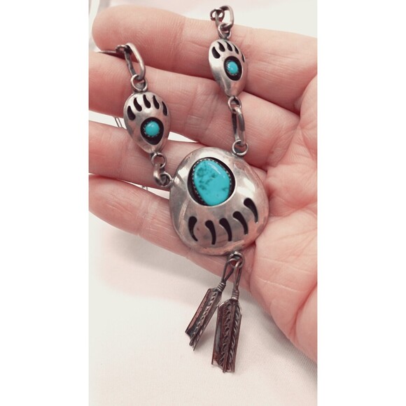 NAVAJO Bear Paw Shadow Box Turquoise W/Dangle Feathers Silver 925 Necklace - Picture 11 of 11